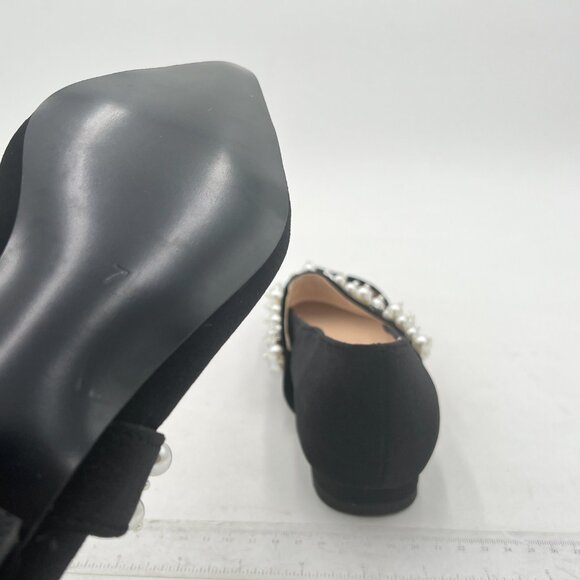 XYD Black Pointed Toe Velvet Pearl Strap Beaded Mary Janes Dress Shoes - Picture 6 of 8